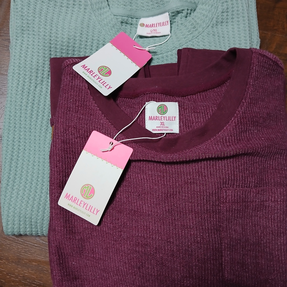 Bundle Waffle Knit Comfy Pullover Sweater XL Wine Mint Pocket Long Sleeve Cotton